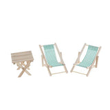1/6 Dollhouse Miniature Wood Striped Lounge Chairs & Table Beach Set - Green