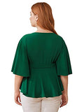 Romwe Women's Plus Size Ruffle Short Sleeve Wrap V Neck Belted Babydoll Tops Blouse Green#1 1X Plus
