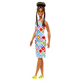 Barbie Fashionistas Doll #210 with Brown Hair in Bun, Wearing Colorful Crochet Halter Dress, Sunglasses and Sandals