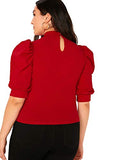 Romwe Women's Plus Size Elegant Mock Neck Puff Short Sleeve Casual Blouse Tops Red 3X Plus