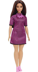Barbie Fashionistas Doll #188, Curvy, Black Hair, Pink & Black Checkered Dress, Love Necklace, Pink Sneakers, Toy for Kids 3 to 8 Years Old