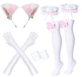 Anime French Maid Lolita Fancy Queen Princess Dress Cosplay Costume Furry Cat Ear Gloves Socks Set（Pink S）