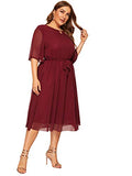 Romwe Women's Plus Size Mesh Elegant Half Ruffle Sleeve Belted Cocktail Party Swing Midi Dress Burgundy 1XL