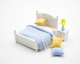 Cool Beans Boutique 1:18 Miniature Dollhouse Furniture DIY Kit – Blue Double Bed & Night Stand (Assembly Required) (Double Bed & Nightstand, Blue)
