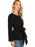Romwe Women's Bow Self Tie Scalloped Cut Out Elegant Office Work Tunic Blouse Top Black XX-Large