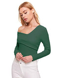 Romwe Women's Casual Cross Off Shoulder Deep V Neck Ribbed Knit Slim Wrap Tee Shirt Blouse Deep Green Medium