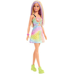 Barbie Fashionistas Doll #190, Blonde Hair with Purple Streaks, Romper Dress, Yellow Wedge Sneakers, Bracelet, Toy for Kids 3 to 8 Years Old