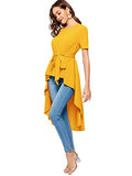 Romwe Women's Irregular Hem Short Sleeve Belted Flare Peplum Ruffle Blouse Shirts Top Yellow M