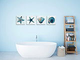 Ocean Artwork Starfish Canvas Wall Art Seashell Conch Wall Decor for Home Decoration Bathroom Decor 4 panels Blue Watercolor Painting Set of sea creatures Pictures Canvas prints Size: 16x16inchx4 panels
