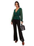 Romwe Women's Long Sleeve Deep V Neck Swiss Dot Ruffle Hem Knot Summer Blouse Top Green M