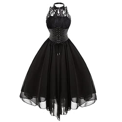 Women's Sleeveless Gothic Dress with Corset Halter Lace Swing Cocktail Dress Formal Halloween Punk Hippie Dresses Black