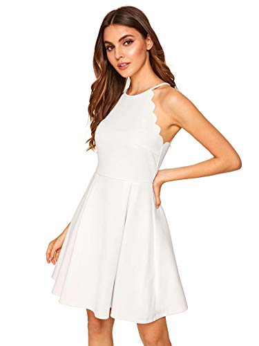 Romwe Women's Sweet Scallop Sleeveless Flared Swing Pleated A-line Skater Dress White S