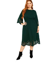 Romwe Women's Plus Laser Cut Out Solid Scallop A-line Dress Green 1XL