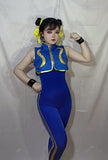 DAZCOS Women's US Size Chun Li Cosplay Costume Bodysuit with Bracelet and Hair Ties (X-Large, Blue)