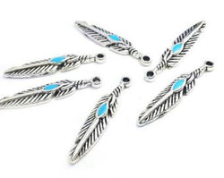 Native American Feather Charms, 50 pc Silver Tone Pendants 27mm x 6mm, Faux Turquoise (Enamel)