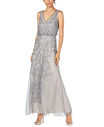 Adrianna Papell Women's Filigree Beaded Blouson Dress with V Neck, Pewter/Silver, 6