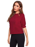 Romwe Women's Puff Sleeve Casual Solid Top Buttons Side Blouse Shirt Red XL