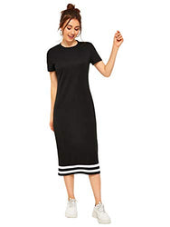 Romwe Women's Casual Striped Short Sleeve Solid Midi T-Shirt Dress Black M