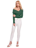 Romwe Women's Casual Cross Off Shoulder Deep V Neck Ribbed Knit Slim Wrap Tee Shirt Blouse Deep Green Medium