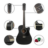 12 String Acoustic Guitar Cutaway,Adjustable Truss Rod Full Size Bundle with Gig Bag,Tuner,Strings,Strap, Picks, Black By Janerock