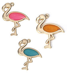 Glitter Enamel Charms, 15 Pack, Gold Plated (Flamingo)