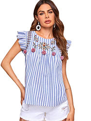 Romwe Women's Sleeveless Striped Floral Embroidery Ruffle Cotton Summer Boho Blouse Top Blue S