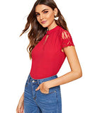 Romwe Women's Elegant Lace Short Sleeve Sexy Keyhole Blouse Shirt Red Medium