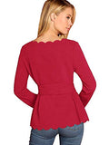 Romwe Women's Bow Self Tie Scalloped Cut Out Elegant Office Work Tunic Blouse Top Red X-Large