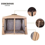 SUNCROWN Outdoor Patio Garden Gazebo 10 x 10 FT All-Season Permanent Gazebo with Vented Soft Canopy, Double Square Tops and Mosquito Netting- Beige, Front Porch, Sand