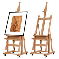 ATWORTH Deluxe Artist Heavy-Duty Solid American Red Oak Wooden Professional Studio Floor Easel Stand, Extra-Large H-Frame Painting Easel with 4 Casters & Levelling Bolts, Hold Canvas Art up to 82”