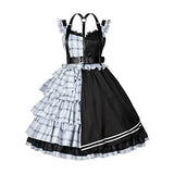 Halloween Punk Gothic suspender skirt two-color plaid stitching costume dress (M, 002 White,Black)