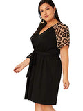 Romwe Women's Plus Size Short Sleeve Leopard Print Belted Casual Tunic Midi Dress Black 2XL