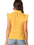 Romwe Women's Sleeveless Stand Collar Embroidery Ruffle Button Slim Fit Summer Blouse Top Yellow L