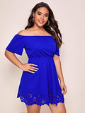 Romwe Women's Plus Size Off The Shoulder Hollowed Out Scallop Hem Party Short Dresses Blue 1X