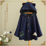 Aza Boutique Women`s Cute Button Down Tweed Cat Ears Hooded Cape Navy,One Size