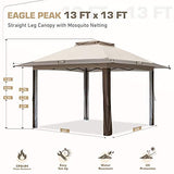 EAGLE PEAK 13' x 13' Pop-Up Gazebo Tent Instant w/ Mosquito Netting，Outdoor Gazebo Canopy Easy Set-up Folding Shelter (Beige/Brown)
