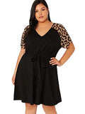 Romwe Women's Plus Size Short Sleeve Leopard Print Belted Casual Tunic Midi Dress Black 2XL