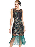 MISSCHEN Women's Fashion 1920S Vintage Peacock Sequin Gatsby Fringed Flapper Dress YLS019 M Black with Green Fringe
