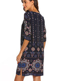 Halife Women 3/4 Sleeve Shift Dress Boho Tribal Print Summer Beach Dress Sundress Navy Blue,M