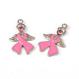 Craftdady 10PCS PearlPink Ribbon with Angel Wing Rhinestone Enamel Pendants Breast Cancer Awareness