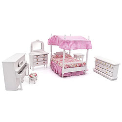 iLAND Dollhouse Furniture of Miniatures Pink Dollhouse Bedroom on 1/12 Scale for Girls, Dollhouse Bed w/ Piano (Sweet Doll Furniture 6pcs)