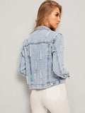 Romwe Women's Casual Long Sleeve Pockets Washed Distressed Denim Jean Jacket Light Blue-1 Medium