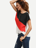 Romwe Women's Color Block Blouse Short Sleeve Casual Tee Shirts Tunic Tops Black/Red/White L