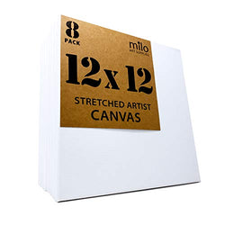 MILO | 12 x 12" Pre Stretched Artist Canvas Value Pack of 8 | Primed Cotton Art Canvas Set for Painting | Ready to Paint Art Supplies | 8 White Blank Canvases