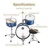 Eastar Kids Drum Set 16 inch 3-Piece, Junior Drum Set Kit with Throne, Cymbal, Pedal & Drumsticks,Metallic Blue (EDS-280Bu)