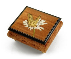 Gorgeous Natural Wood Tone Butterfly and Daisy Inlay Music Box - Over 400 Song Choices - Pearly Shells Swiss (+$30)