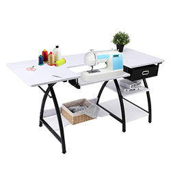 BAHOM 2 in 1 Adjustable Sewing Craft Table Desk with Storage Drawer, Multifunctional Craft Cutting Table with 2 Shelves, Sturdy - White