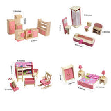 Kisoy Wooden Dollhouse Furniture Set for Kid and Children (4 PCS Including Kitchen Bathroom Bedroom High and Low Bed)