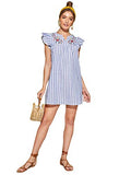 Romwe Women's V Neck Striped Floral Ruffle Embroidery Cotton Summer Boho Dress Top Blue XS