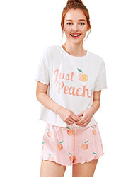 DIDK Women's Cute Cartoon Print Tee and Shorts Pajama Set Peach Pink Medium